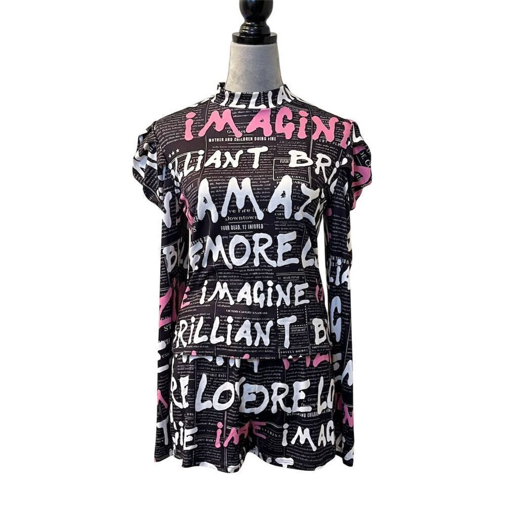 MM Women's Multicolor Graphic Print Short Set Puff Sleeve L Casual Y2K Stretch